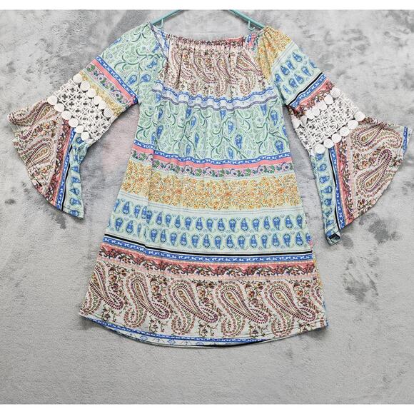 WinWin Top Womens S-M Paisley Off-Shoulder Pinwheel Lace Bell Sleeve Tunic Boho - Picture 4 of 9